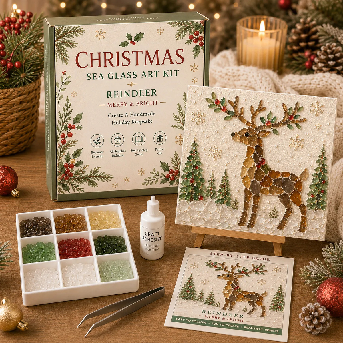 Poola Voidra 4 Pack 3D Christmas Gingerbread Man Sea Glass Art Kit - Easy Festive Craft Night
