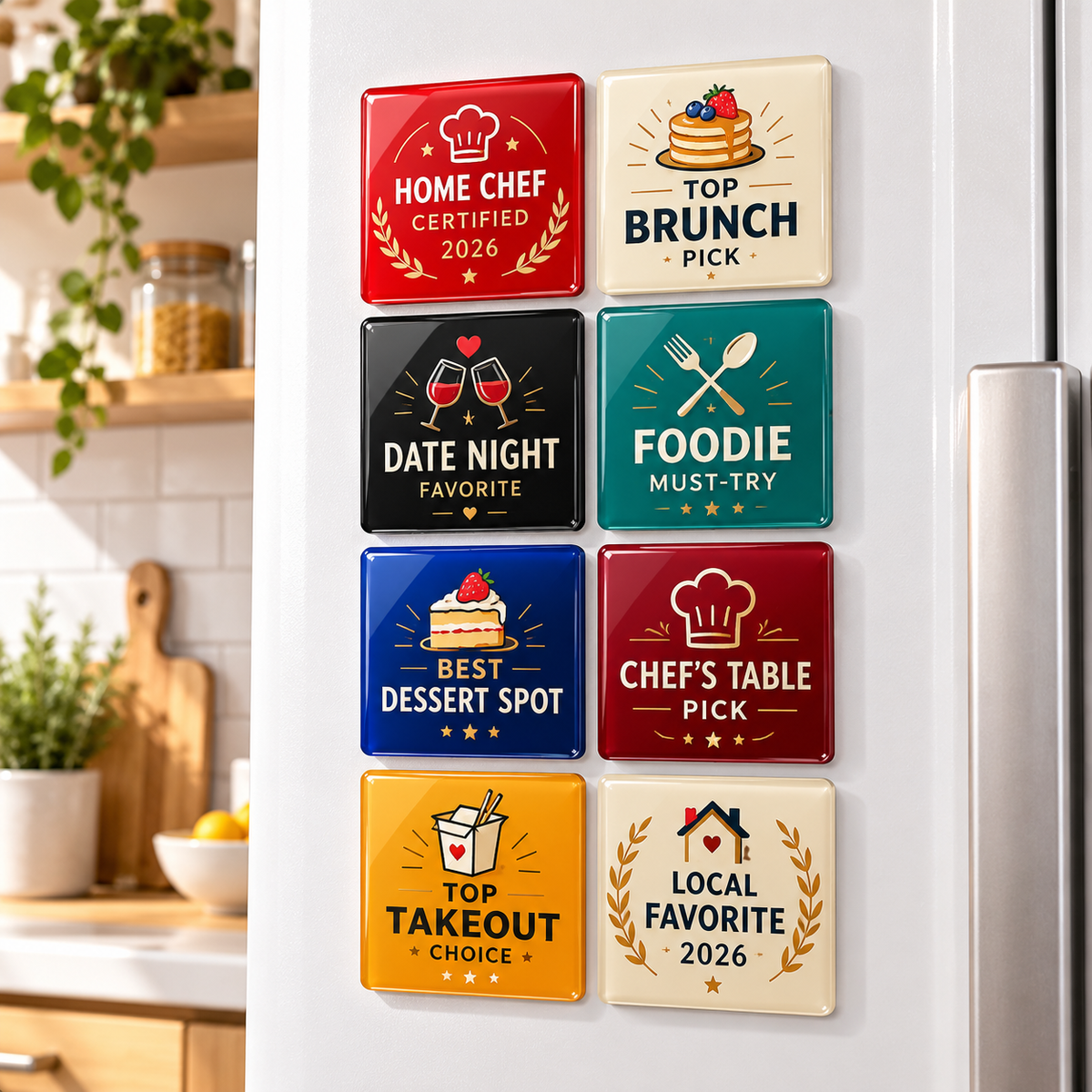 Foodie Badge Fridge Magnets Set | Glossy Dome Kitchen Decor