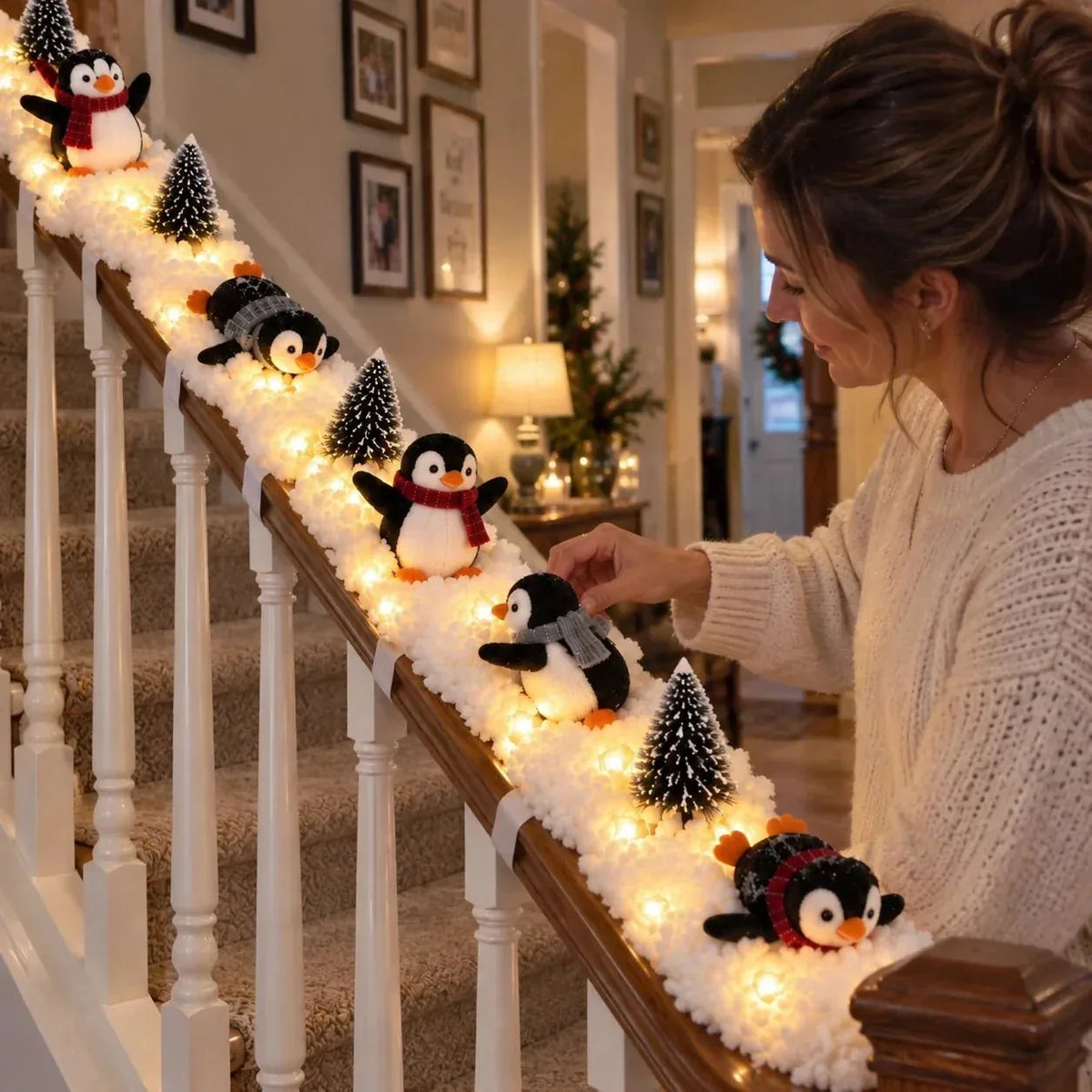 Penguin Faux Snow Staircase Garland