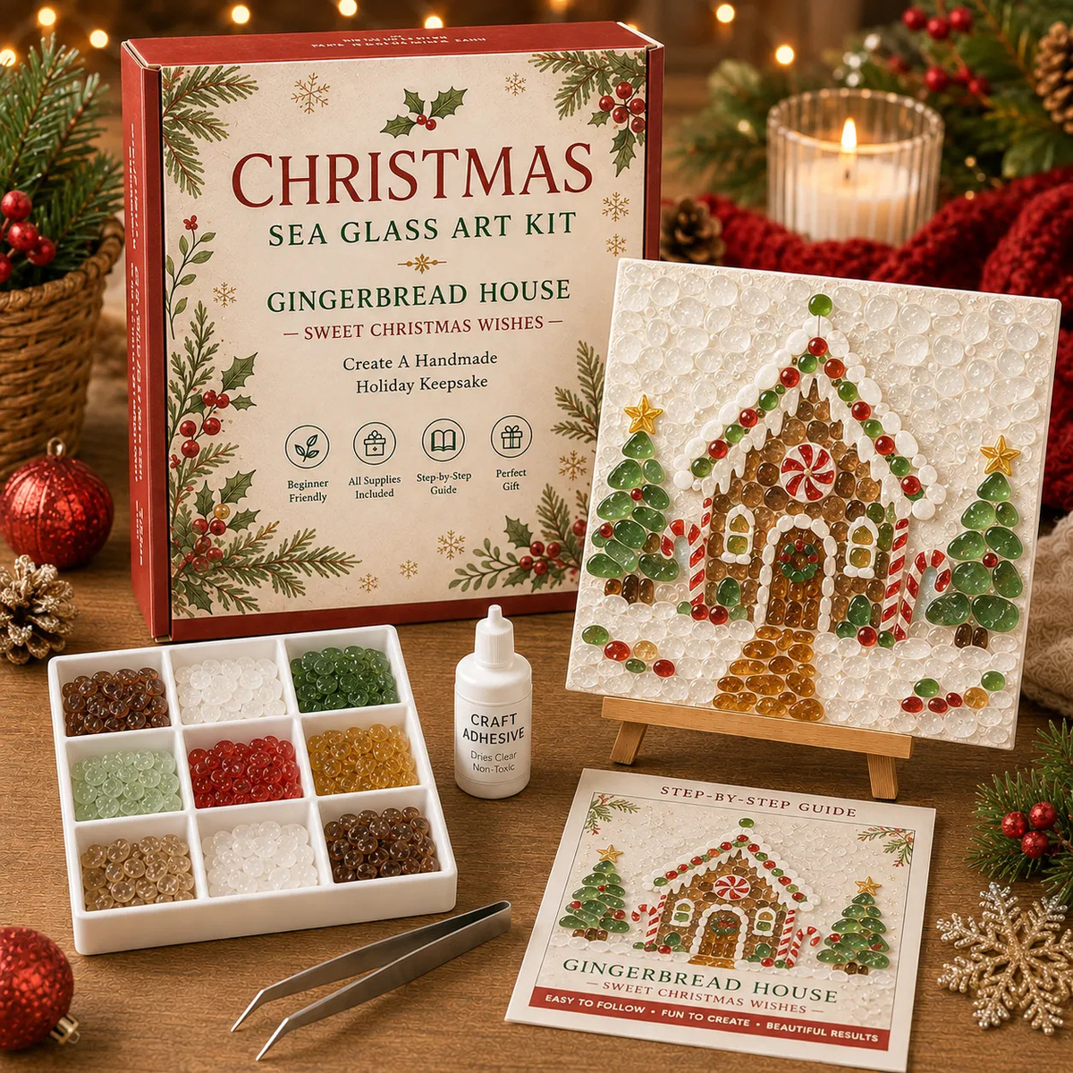 Poola Voidra 4 Pack 3D Christmas Gingerbread Man Sea Glass Art Kit - Easy Festive Craft Night
