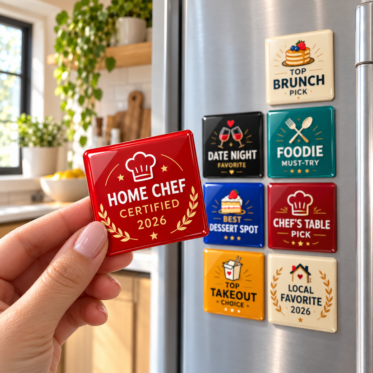 Foodie Badge Fridge Magnets Set | Glossy Dome Kitchen Decor