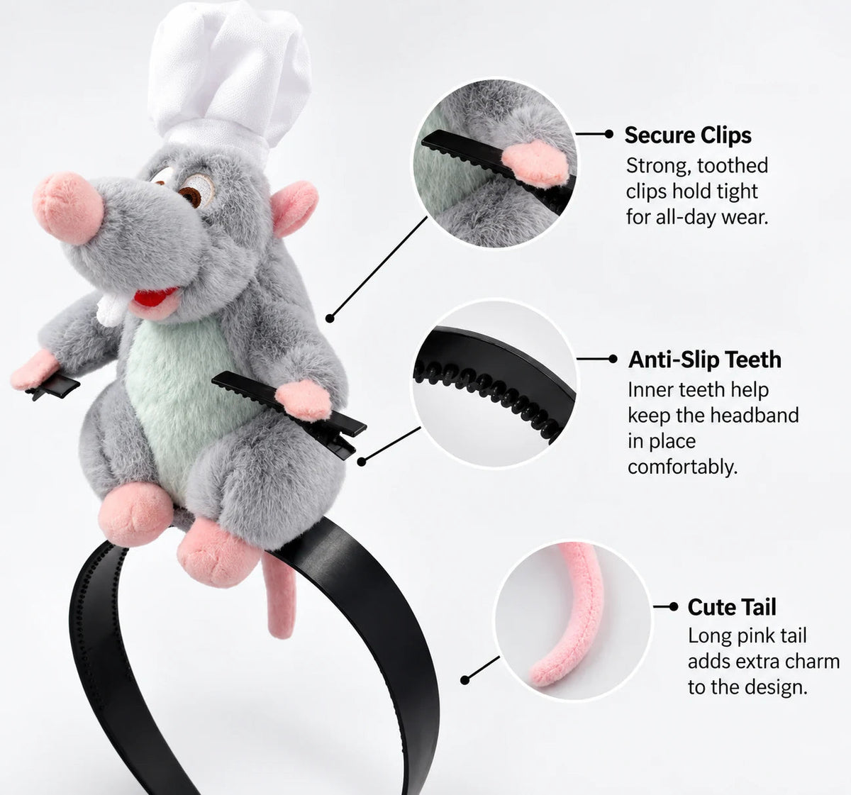 Rat Chef Plush Headband and Clips