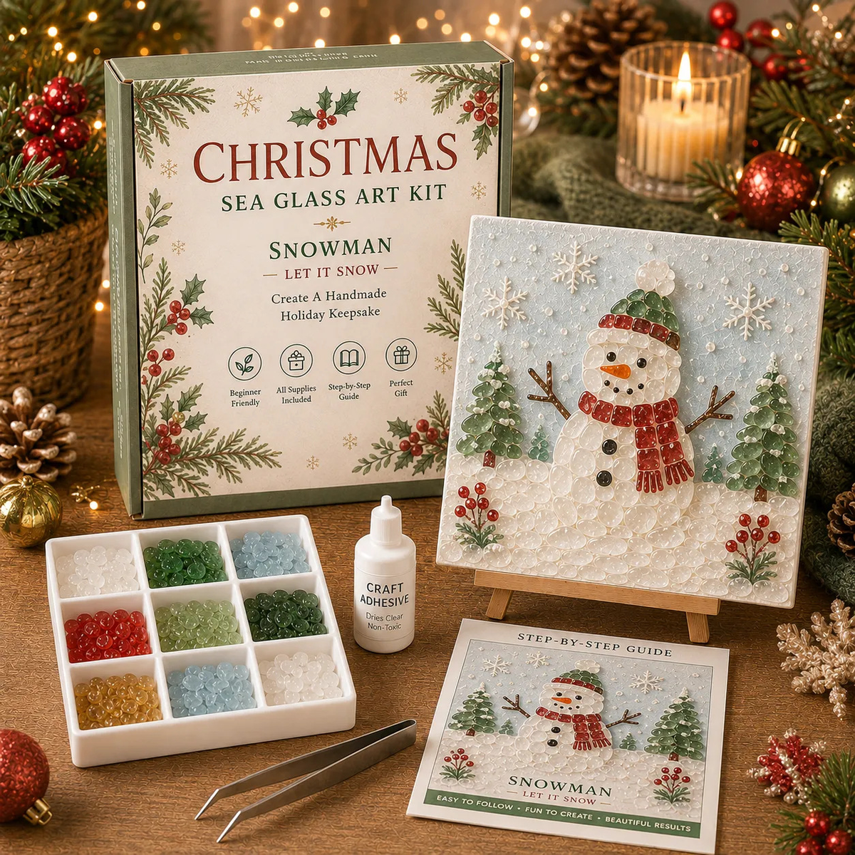 Poola Voidra 4 Pack 3D Christmas Gingerbread Man Sea Glass Art Kit - Easy Festive Craft Night