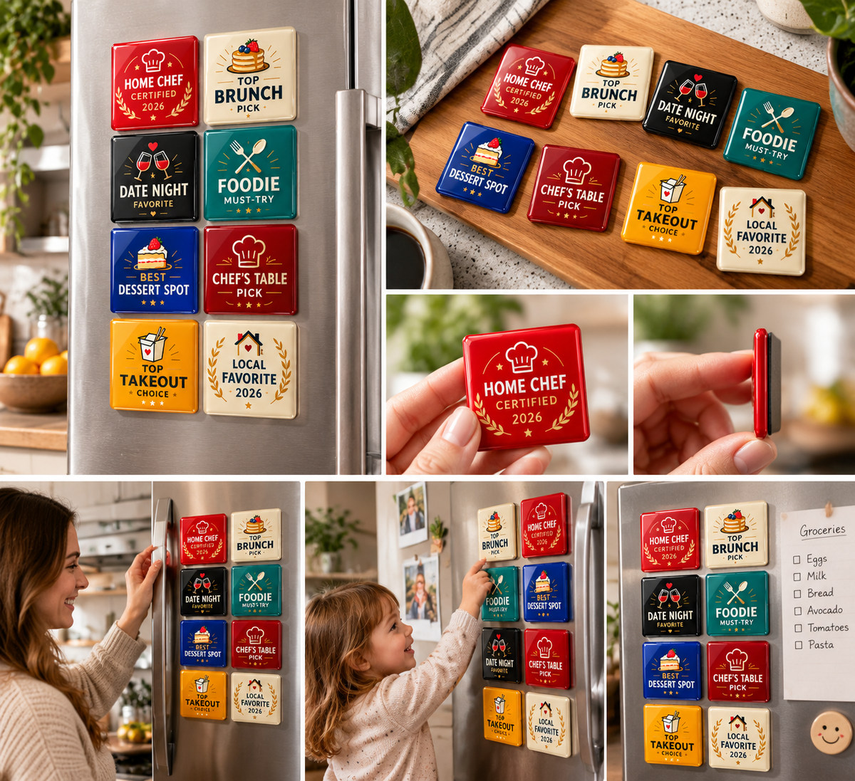 Foodie Badge Fridge Magnets Set | Glossy Dome Kitchen Decor