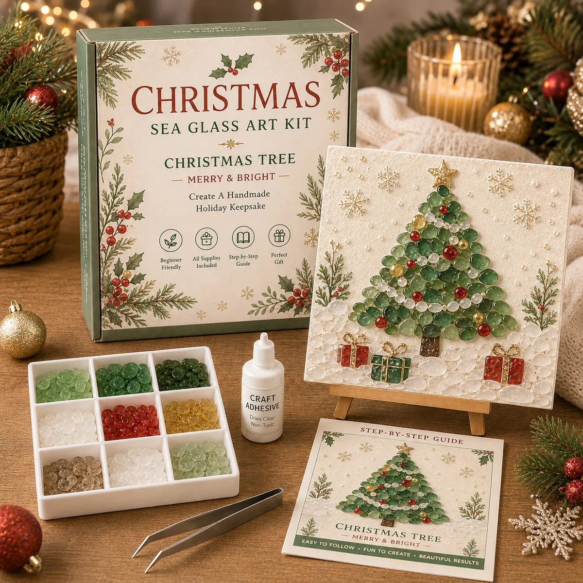 Poola Voidra 4 Pack 3D Christmas Gingerbread Man Sea Glass Art Kit - Easy Festive Craft Night