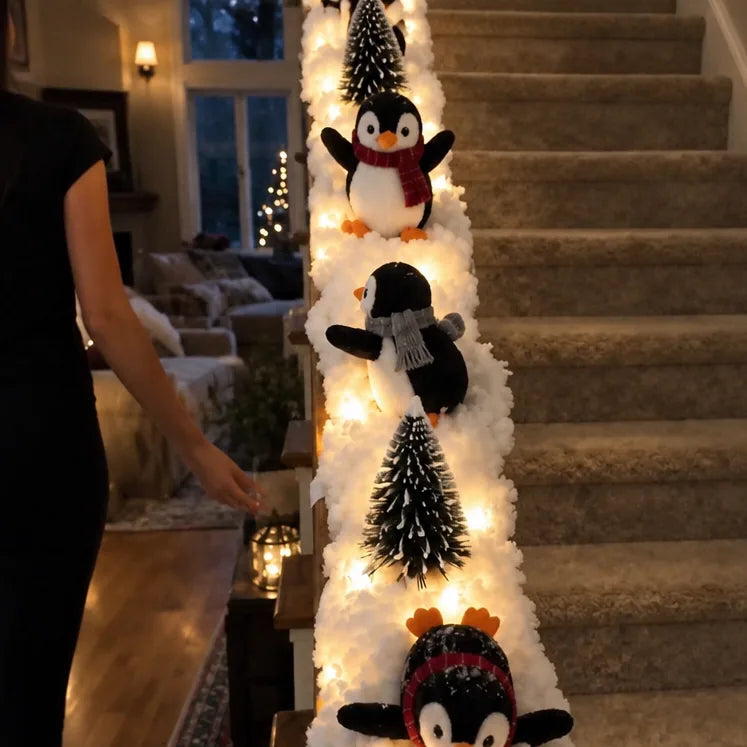Penguin Faux Snow Staircase Garland