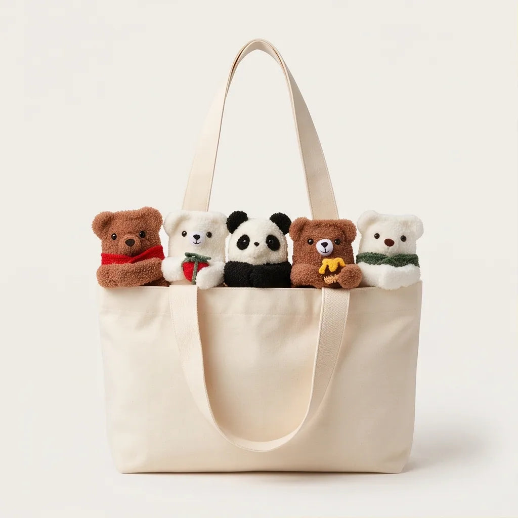 Canvas Tote Bag with Plush Animals