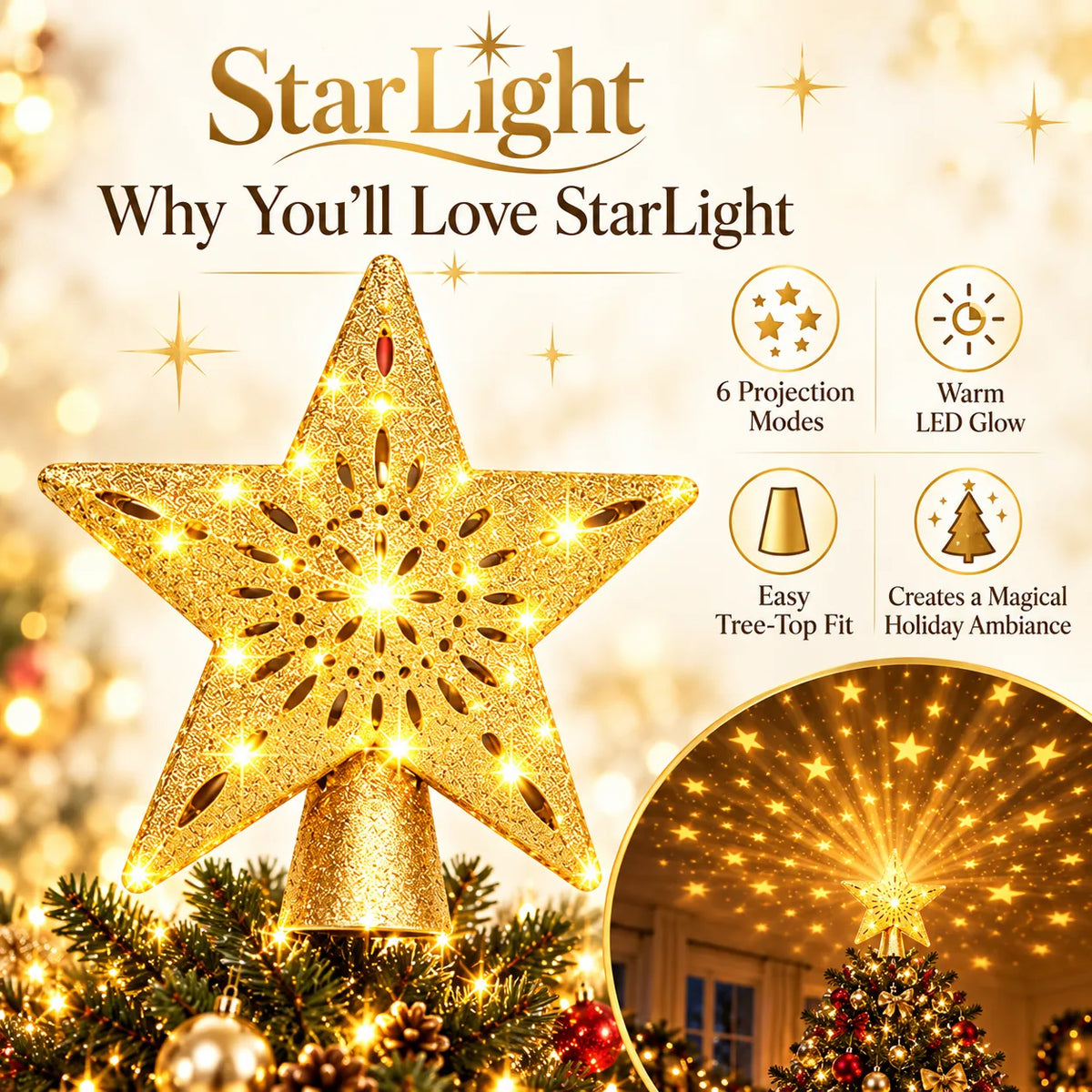 Rotating LED Star Tree Topper