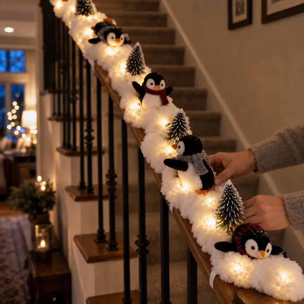 Penguin Faux Snow Staircase Garland